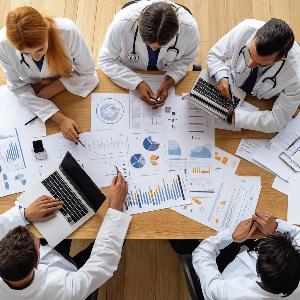 group doctors are sitting table with chart that says medical